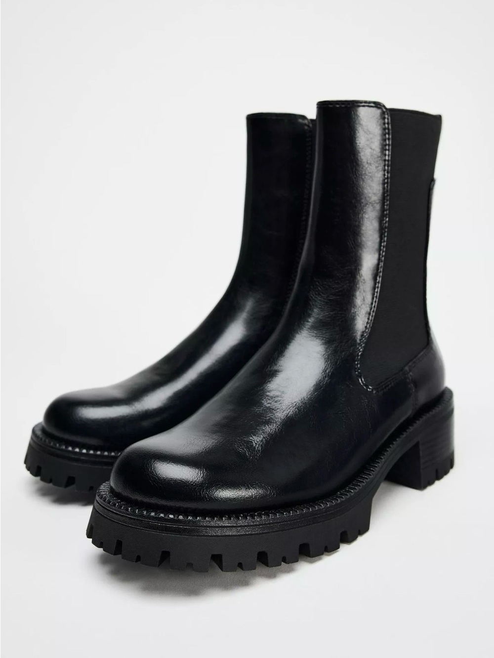 Zara Black Patent Chunky Lug Chelsea Boots